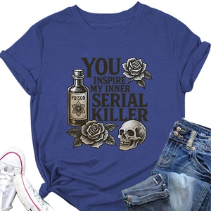 Detail view of dark blue cotton t-shirt featuring vintage rose and skull graphic print