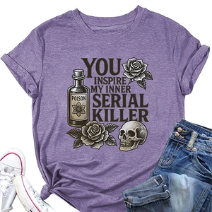Flat lay of purple short sleeve t-shirt with vintage skull, roses and poison print