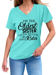 Detail of Turquoise V-neck T-shirt with black printed slogan and soft knit texture