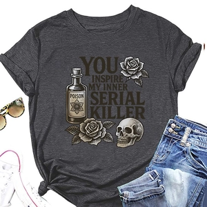 Flat lay of a grey cotton T-shirt with vintage skull, roses, and poison bottle graphics