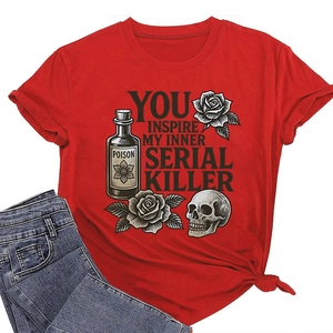 Detail of red cotton T-shirt with vintage black skull and rose graphic print