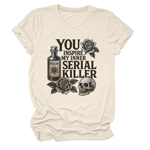 Detail of vintage skull and poison bottle print on a beige cotton crewneck t-shirt