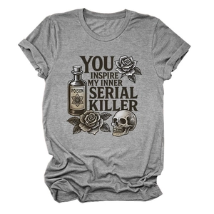 Detail of dark retro skull and rose illustration on heather grey cotton t-shirt fabric