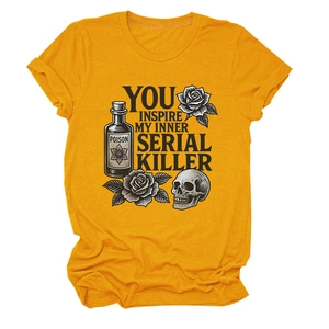 Detail of ginger yellow crew neck T-shirt with vintage rose and skull graphic print
