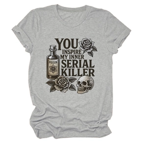 Detail of grey crewneck T-shirt featuring rose and skull graphic with gothic text print