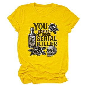Detail of yellow cotton T-shirt featuring vintage serial killer and poison print