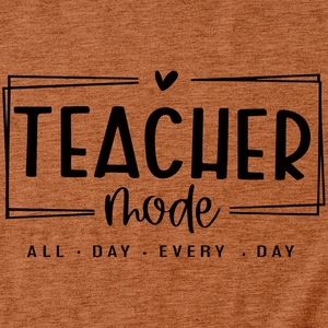 Detail of Teacher Mode All Day slogan print on rust brown short sleeve cotton t-shirt