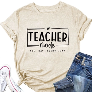 Detail of Teacher Mode slogan print on beige cotton T-shirt with casual knot style