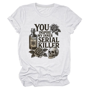 Detailed view of white cotton T-shirt featuring vintage skull and rose graphic print