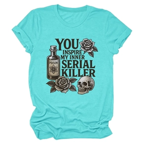 Flat lay of teal cotton T-shirt featuring vintage skull and rose graphic print