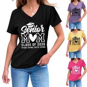 Detailed comparison of V-neck Senior Mom T-shirts in black, purple, yellow, and peach colors