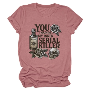 Close-up of vintage rose t-shirt featuring skull and rose print with bold black text