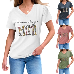 Detail showing V-neck T-shirts in four colors with floral Happiness is being a MIMI print