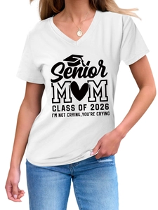 Detailed view of Senior Mom Class of 2026 print on a white V-neck cotton T-shirt