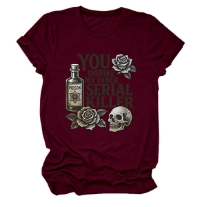 Detail of gothic skeleton and rose print on burgundy cotton crew neck t-shirt