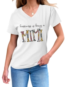 Detail view of V-neck white cotton t-shirt featuring floral happiness is being a MIMI print