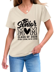 Detail of V-neck beige T-shirt with Senior Mom Class of 2026 graduation print design