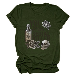 Detail of gothic skull and rose print on a dark green women's cotton t-shirt