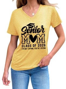 Detailed close-up of Senior Mom class print on yellow V-neck cotton short sleeve t-shirt