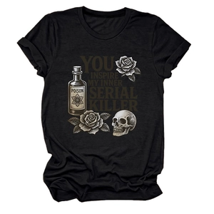 Detail of Gothic print with skull and roses on a black cotton crewneck T-shirt