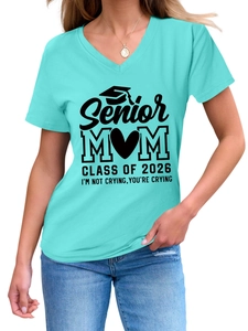 Close-up of the lake blue V-neck T-shirt showing the Senior MOM 2026 graduation print