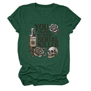 Detailed flat lay of dark green T-shirt featuring retro serial killer graphic print
