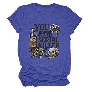 Detail of blue heather t-shirt with skull, roses, and Poison bottle graphic print