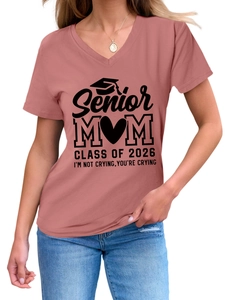 Detail of V-neck T-shirt in dusty rose with Senior Mom Class of 2026 printed design