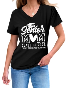 Detail of V-neck cotton T-shirt featuring Senior Mom Class of 2026 graduation print