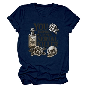 Detailed close-up of retro skull and rose print on a navy blue cotton t-shirt