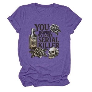 Detail of dark gothic print on purple heather cotton t-shirt with skull and rose