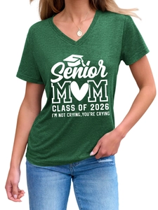 Close-up of V-neck Senior Mom 2026 print on a dark green soft cotton short sleeve T-shirt
