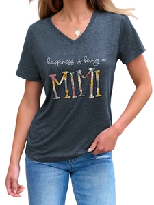 Close-up of women's dark grey V-neck T-shirt with floral Mimi lettering and cotton texture