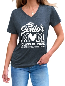 Detail of V-neck T-shirt showing Senior Mom Class of 2026 print on charcoal gray fabric