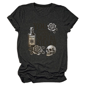 Detail of dark gray t-shirt featuring vintage rose skull and poison bottle graphic