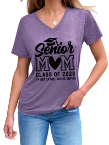 Detail of V-neck purple T-shirt featuring Senior Mom Class of 2026 printed design