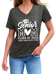 Close-up of Class of 2026 Senior Mom slogan and graphic print on grey V-neck T-shirt