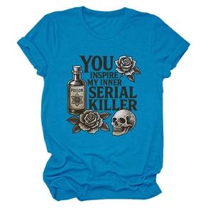 Detail of teal t-shirt featuring vintage poison bottle, skull and rose graphic print