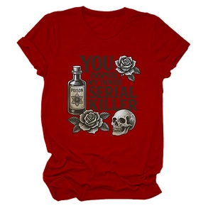 Close-up of red cotton T-shirt featuring a gothic skull, roses and poison bottle graphic