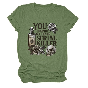Detail of heather green t-shirt featuring vintage skull and rose print with rolled sleeves