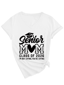 Detail view of V-neck white T-shirt with Senior Mom Class of 2026 print and bottom knot