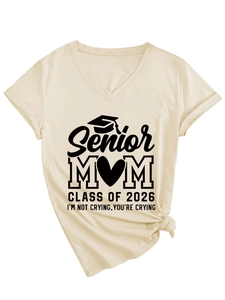 Detail of V-neck cotton T-shirt with Senior Mom Class of 2026 graduation graphic
