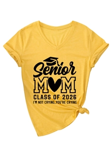 Detail of Senior Mom Class of 2026 V-neck T-shirt with side knot and soft knit fabric