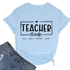 Detail of light blue Teacher Mode T-shirt with side knot and denim pocket detail