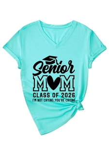 Detail of V-neck cotton T-shirt featuring Senior Mom Class of 2026 print in cyan