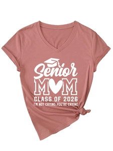 Detail of dusty rose V-neck T-shirt with Senior Mom Class of 2026 print and front knot design