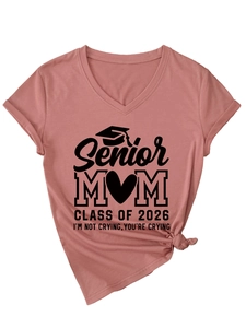 Detail of pink V-neck T-shirt with Senior Mom Class of 2026 graduation print