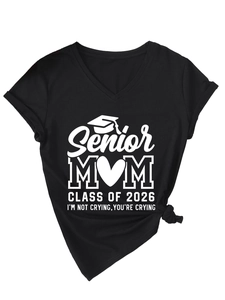 Detail of V-neck black T-shirt with Senior Mom Class of 2026 white screen printing