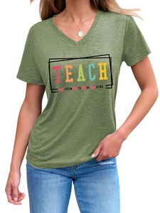Detail of V-neck T-shirt with 'Teach Them To Be Kind' colorful text and heart print