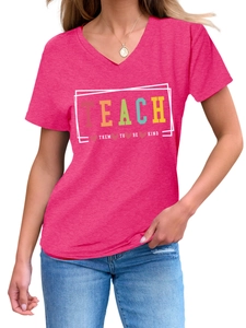 Detail of V-neck fuchsia t-shirt with 'Teach Them To Be Kind' colorful letter print